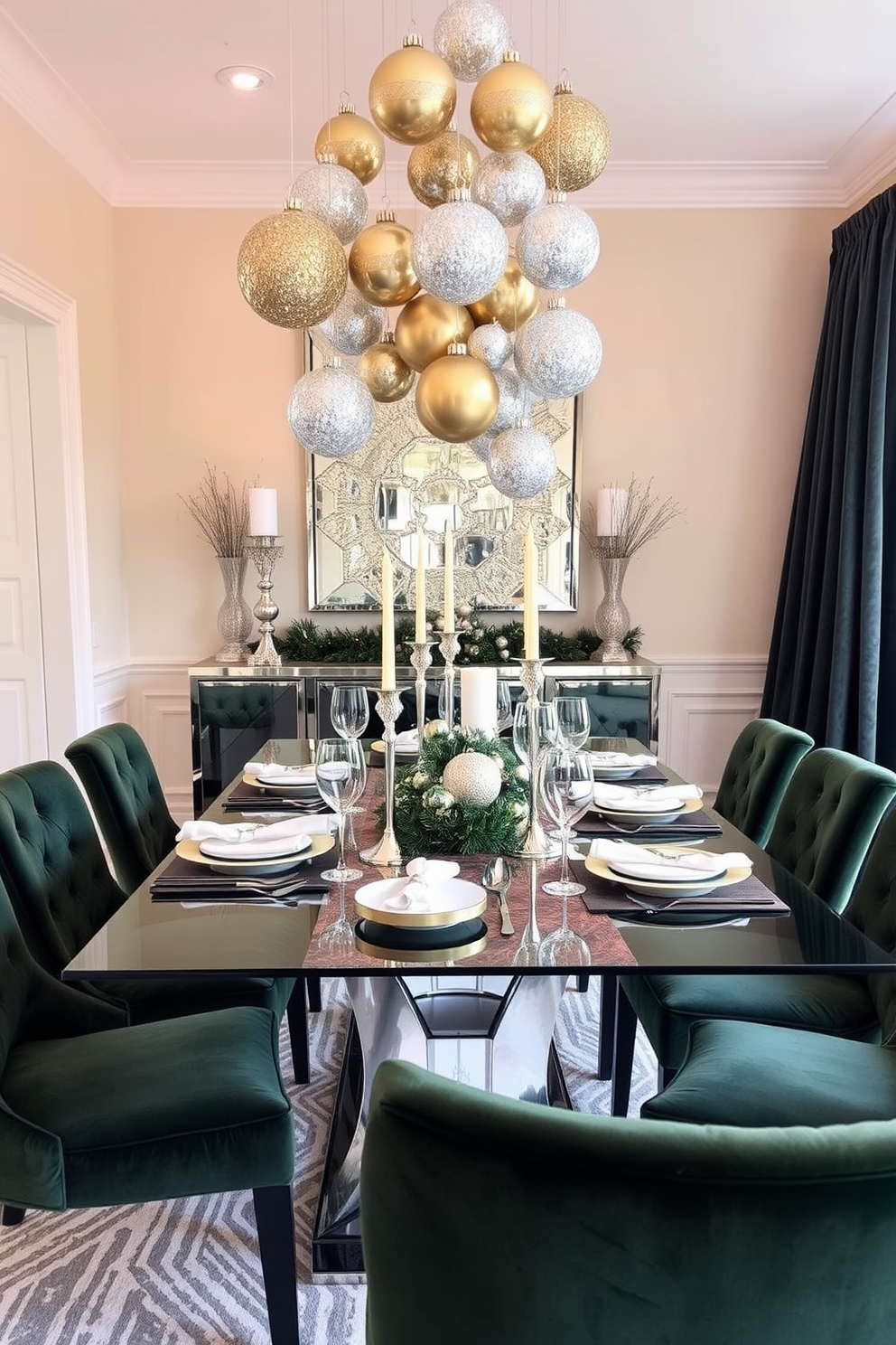 A stylish dining room adorned with chic metallic accents, featuring a sleek glass table set for a festive meal. Elegant gold and silver ornaments hang from the ceiling, while shimmering candle holders and a sparkling centerpiece add a touch of glamour to the table. The walls are painted in a soft cream, creating a warm backdrop for the holiday decor. Plush velvet chairs in deep green surround the table, complemented by a luxurious table runner that reflects the festive theme.