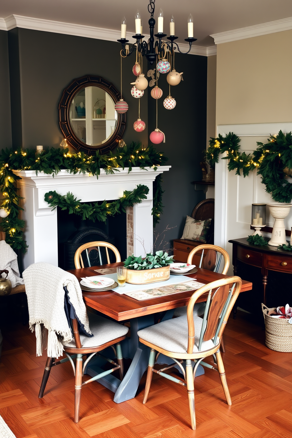 A cozy dining room adorned with handmade decorations that add a personal touch. The table is set with a rustic, hand-painted centerpiece, surrounded by mismatched chairs draped in soft, textured throws. For Christmas, the room is transformed with festive garlands made from natural greenery, elegantly draped along the mantelpiece. Twinkling fairy lights are intertwined with the garland, casting a warm glow over the space, while handmade ornaments hang from the chandelier above the table.