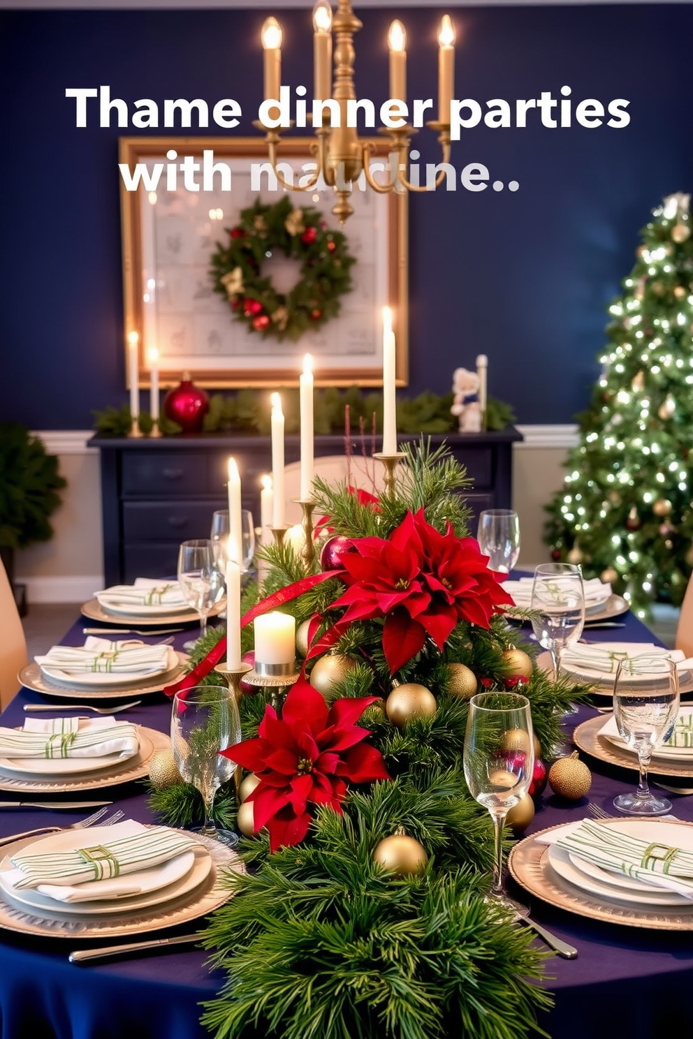 Themed dinner parties with matching decor. A beautifully set table features a deep blue tablecloth adorned with silver chargers and white dinnerware, complemented by elegant crystal glassware and flickering candlelight. Dining Room Christmas Decorating Ideas. The dining room is transformed with a lush green garland draped along the table, accented by red and gold ornaments, while a stunning centerpiece of poinsettias and evergreen branches captures the festive spirit.