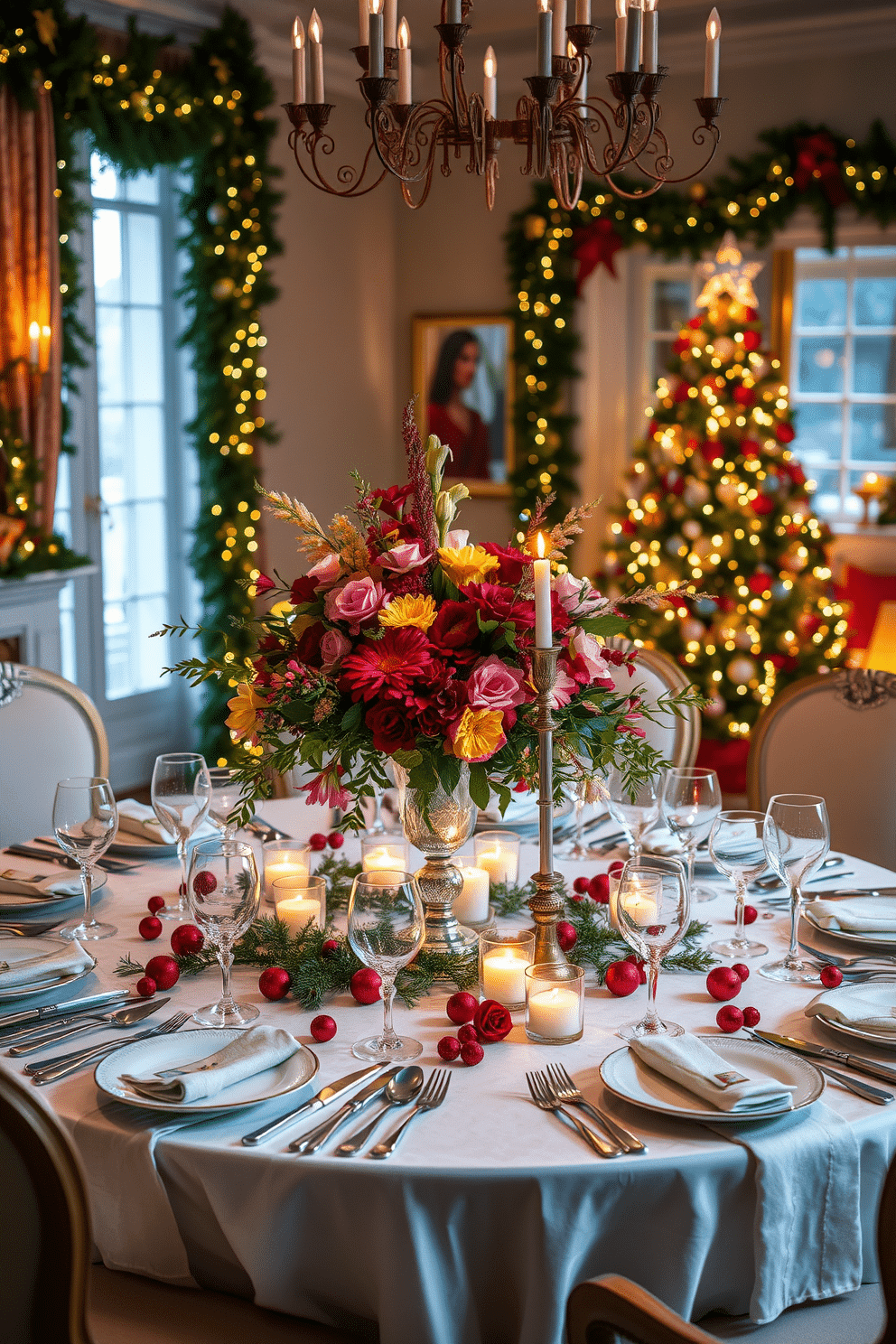 A stunning dining room adorned with an artistic centerpiece featuring a vibrant arrangement of seasonal flowers. The table is elegantly set with fine china, crystal glassware, and twinkling candlelight, creating a warm and inviting atmosphere for holiday gatherings. The room is tastefully decorated for Christmas, with lush garlands draped across the table and festive ornaments scattered throughout. Soft, ambient lighting highlights the rich colors of the decor, while a beautifully decorated tree stands in the corner, adding a touch of holiday magic.