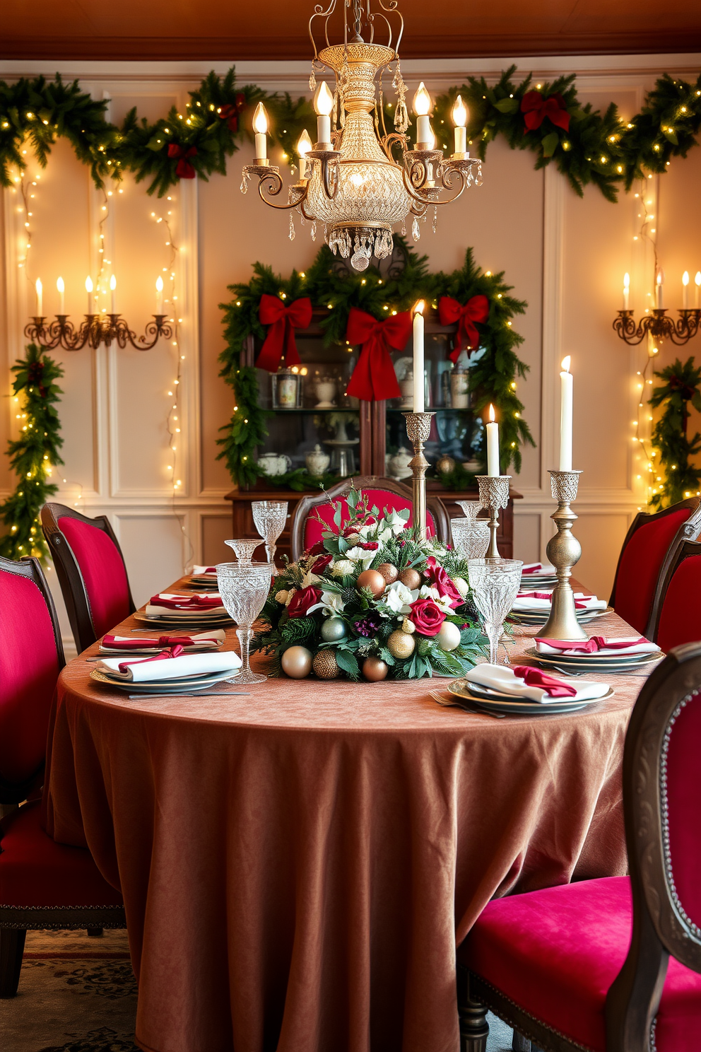 A beautifully set dining table adorned with vintage ornaments, featuring intricate glass figurines and antique candle holders that add a touch of nostalgia. The table is draped with a rich, velvet tablecloth, and surrounded by elegant chairs upholstered in deep red fabric, creating a warm and inviting atmosphere for holiday gatherings. For Christmas decorating, the dining room is adorned with garlands of fresh pine and twinkling fairy lights that drape gracefully along the walls. A stunning centerpiece made of seasonal flowers and ornaments sits atop the table, complemented by festive place settings that evoke the charm of a classic holiday celebration.