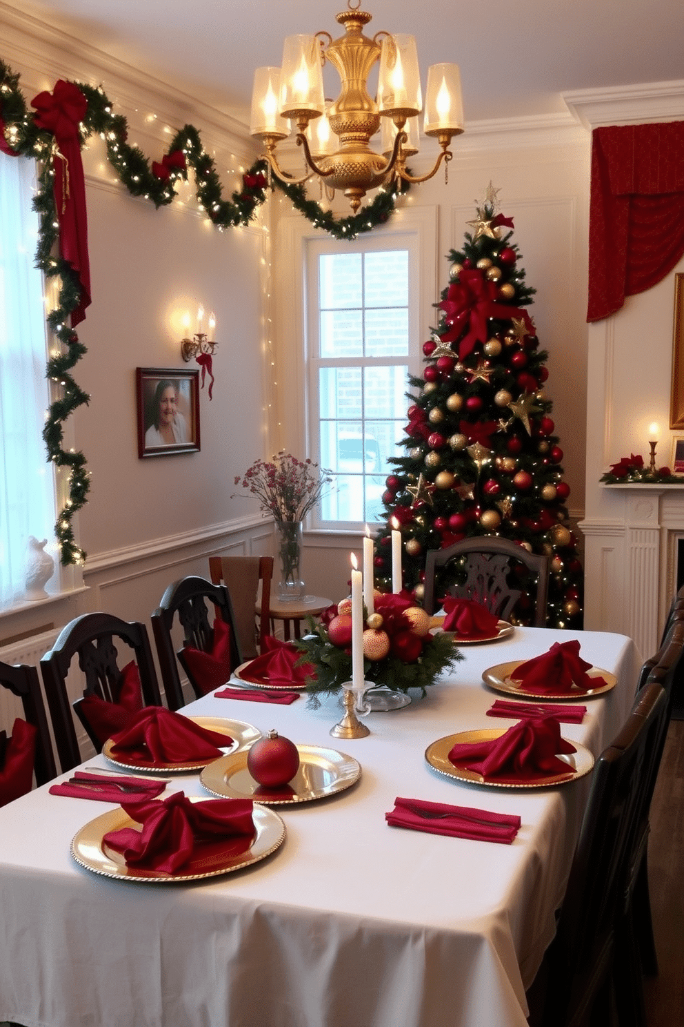 A traditional dining room adorned with rich red and gold decorations. The table is elegantly set with a white tablecloth, golden chargers, and red napkins, complemented by a stunning centerpiece of red and gold ornaments. The walls are draped with festive garlands and twinkling fairy lights, creating a warm and inviting atmosphere. A beautifully decorated Christmas tree stands in the corner, adorned with red and gold baubles, reflecting the soft glow of candlelight from the table.