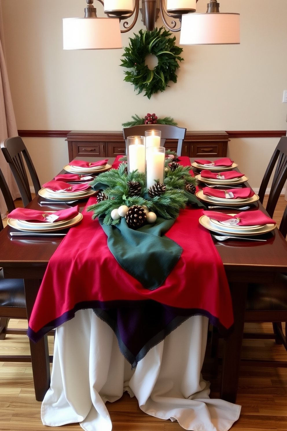 A beautifully set dining table adorned with layered table runners in rich, festive colors. The runners cascade elegantly over a polished wooden table, creating depth and texture that enhances the holiday atmosphere. The table is decorated with an assortment of seasonal elements, including pinecones, candles, and small evergreen arrangements. Soft, warm lighting from overhead fixtures casts a cozy glow, inviting guests to gather and celebrate.