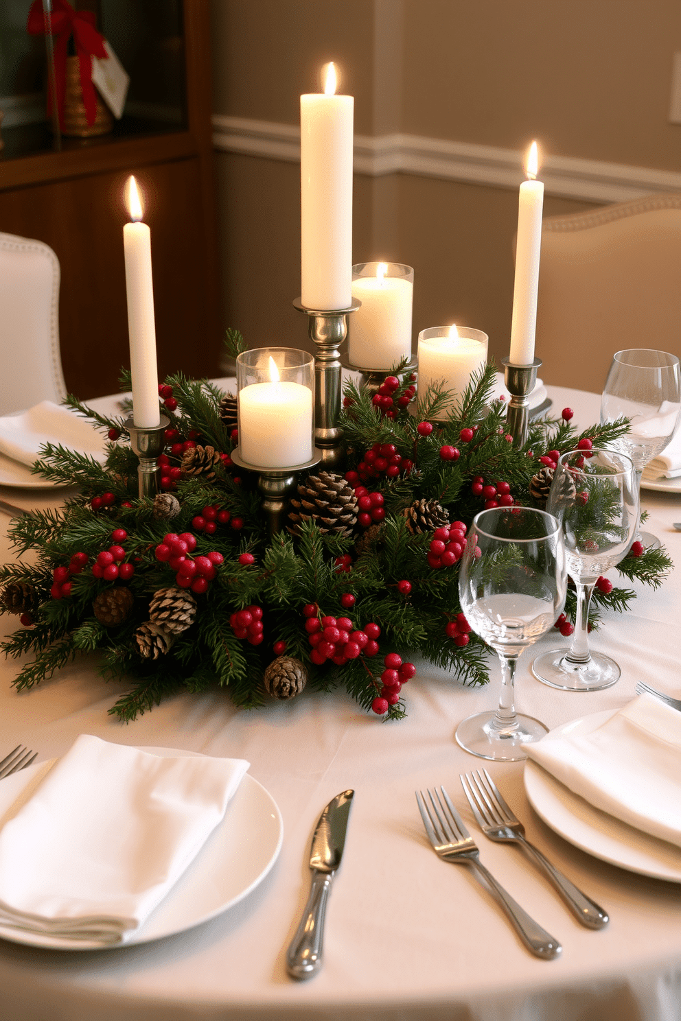 A candlelit centerpiece adorned with seasonal foliage creates a warm and inviting atmosphere. The arrangement features a mix of evergreen branches, pinecones, and vibrant red berries, all nestled around flickering candles in elegant holders. The dining table is draped with a soft, neutral tablecloth that complements the rich colors of the decorations. Surrounding the centerpiece, place simple white dinnerware and sparkling glassware to enhance the festive elegance of the setting.