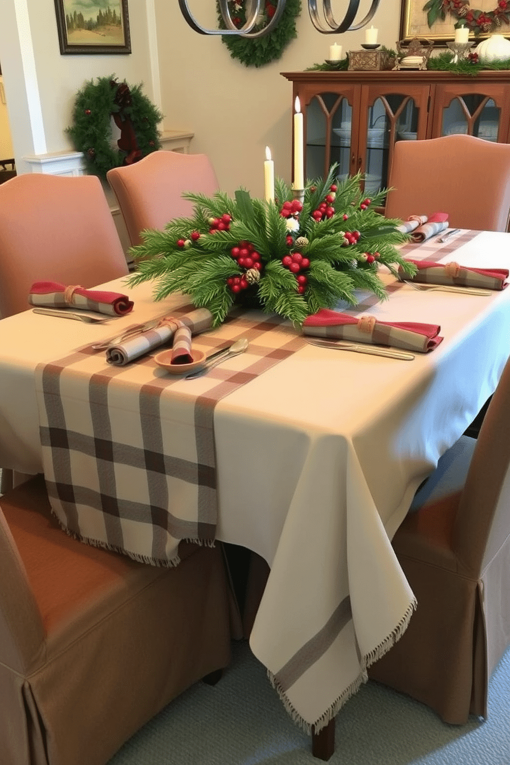 A festive dining room adorned with a plaid tablecloth draping elegantly over a rustic wooden table, complemented by matching napkins neatly folded at each place setting. Surrounding the table, there are upholstered chairs in a warm, inviting fabric, and the centerpiece features a lush arrangement of evergreen branches, pinecones, and red berries, creating a cozy holiday atmosphere.