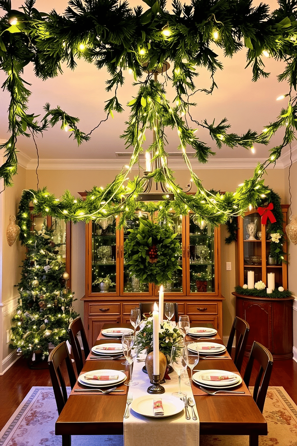 A festive dining room adorned with hanging garlands above a beautifully set dining table. The garlands are lush and green, intertwined with twinkling fairy lights, creating a warm and inviting atmosphere for holiday gatherings.