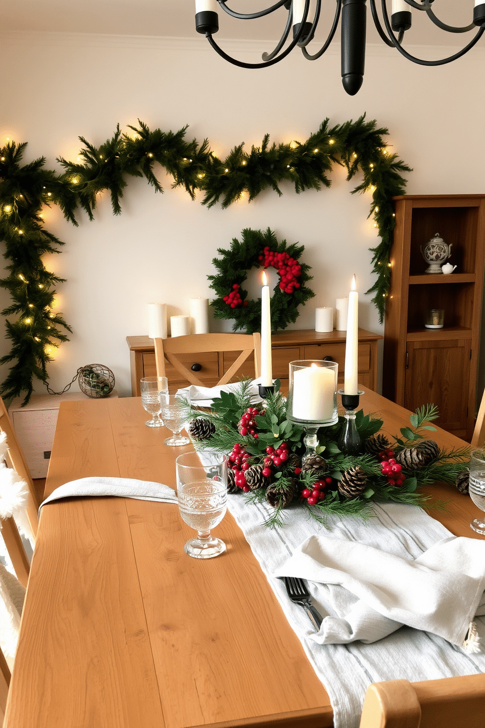 A cozy dining room adorned with natural elements for Christmas. A wooden table is set with pinecones and clusters of red berries, creating a warm and inviting centerpiece. The walls are decorated with garlands of greenery, intertwined with twinkling fairy lights. Soft, neutral table linens complement the rustic charm, while candles in glass holders add a touch of elegance to the festive atmosphere.