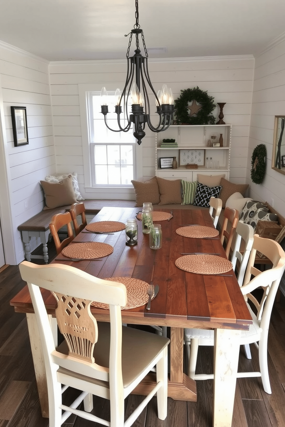 A cozy farmhouse dining room features a large reclaimed wood table surrounded by mismatched chairs, each with its own unique charm. The walls are adorned with shiplap, and a vintage chandelier hangs above the table, casting a warm glow over the space. In one corner, a built-in bench with plush cushions invites guests to sit and enjoy their meals. A collection of farmhouse-style decor, including mason jar centerpieces and woven placemats, adds to the inviting atmosphere.