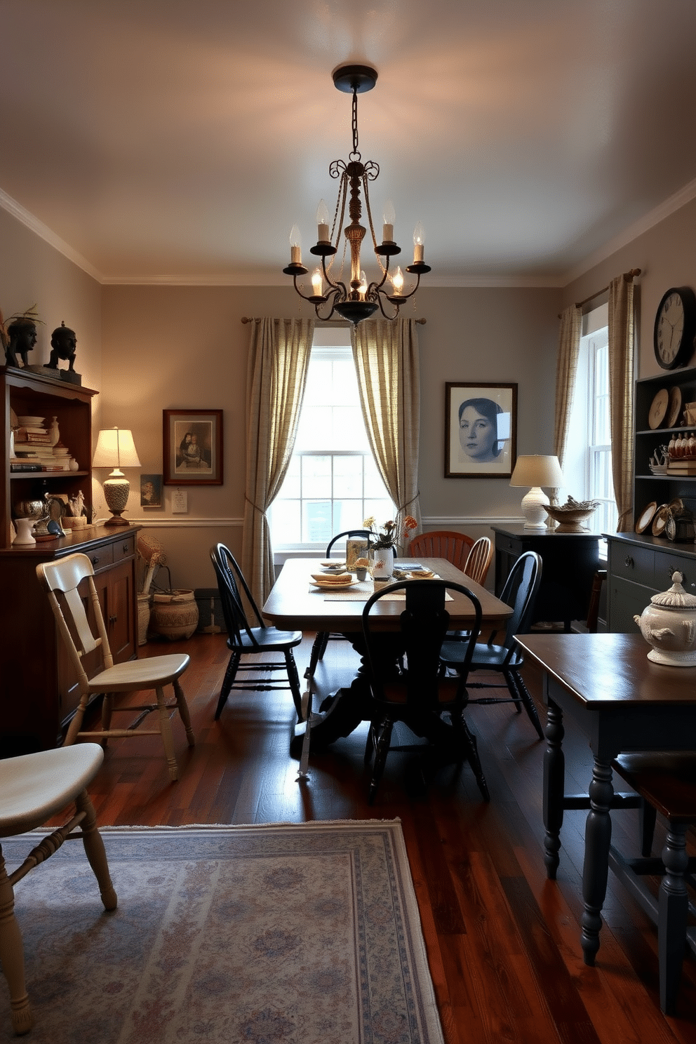 A cozy dining room filled with vintage charm features a large wooden table surrounded by mismatched chairs in various styles and colors. Soft, warm lighting from a vintage chandelier casts a welcoming glow, enhancing the eclectic decor that includes a patterned area rug and an assortment of decorative tableware.