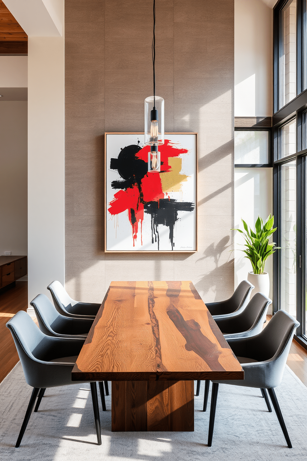 A contemporary dining room features a striking piece of abstract art as the focal point, hanging prominently on a textured accent wall. The dining table, crafted from reclaimed wood, is surrounded by sleek, modern chairs upholstered in a soft gray fabric, creating a harmonious balance between art and functionality. Natural light floods the space through large windows, illuminating the room and highlighting the unique artwork. A stylish pendant light hangs above the table, adding an elegant touch while complementing the overall contemporary aesthetic.