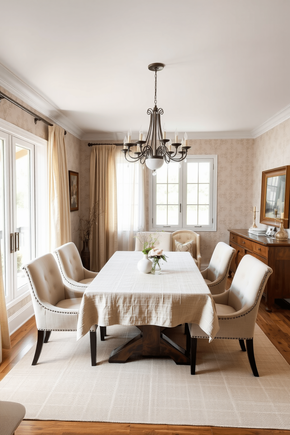 A cozy dining room featuring warm neutral tones that create an inviting atmosphere. The table is set with a textured linen tablecloth, surrounded by upholstered chairs in a soft beige fabric. A statement chandelier hangs above the table, adding elegance to the space. The walls are adorned with subtle wallpaper that incorporates a delicate pattern, enhancing the layered texture of the room. A rustic wooden sideboard against one wall showcases decorative items and serves as additional storage. Large windows allow natural light to flood the room, complemented by sheer curtains that soften the overall look.