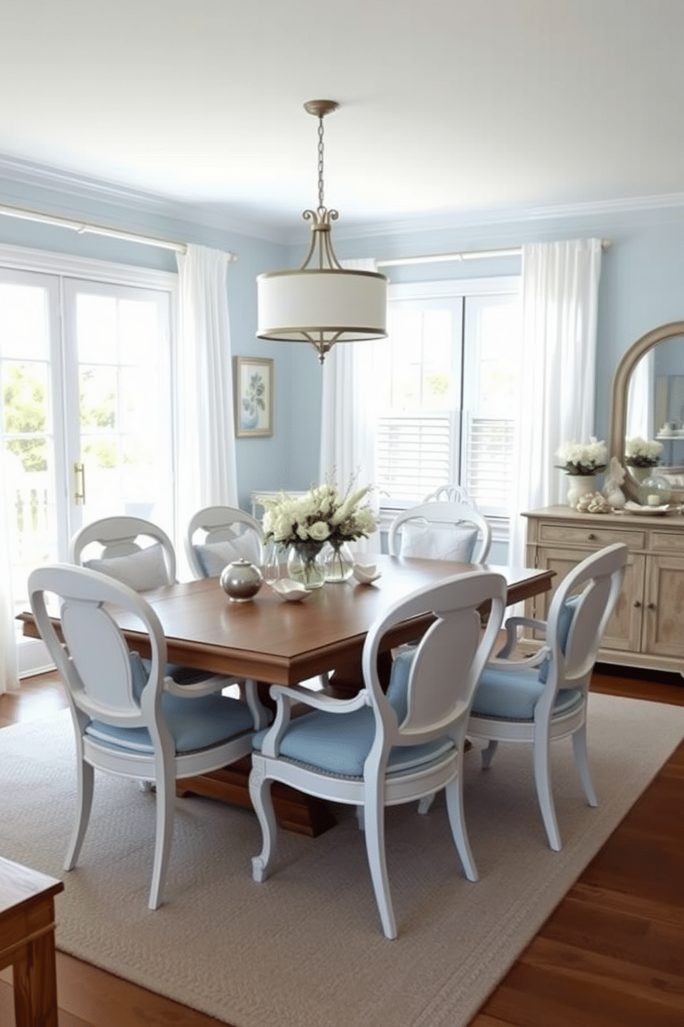 A bright and airy dining room featuring coastal vibes, with light blue hues dominating the color palette. The space includes a large wooden dining table surrounded by elegant white chairs, with soft blue cushions for added comfort. Natural light floods the room through large windows adorned with sheer white curtains. A statement pendant light hangs above the table, and a collection of seashells and coastal decor accents the sideboard.