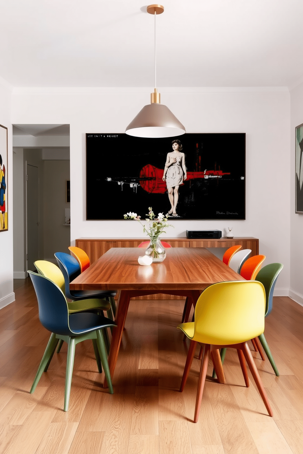 A mid-century modern dining room featuring a sleek wooden dining table surrounded by colorful, retro chairs with tapered legs. The walls are adorned with abstract art, and a stylish pendant light hangs above the table, casting a warm glow over the space.