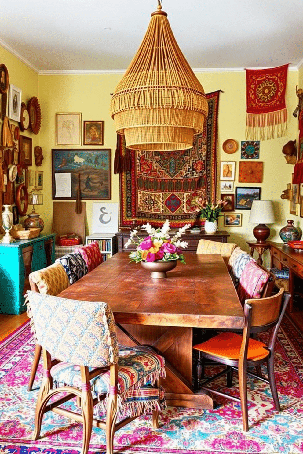 An eclectic bohemian dining room filled with vibrant textiles and bold colors. A large, rustic wooden table is surrounded by mismatched chairs, each upholstered in unique, colorful fabrics. The walls are adorned with an array of eclectic art pieces and woven tapestries. A statement chandelier made of natural materials hangs above the table, casting a warm glow over the space.