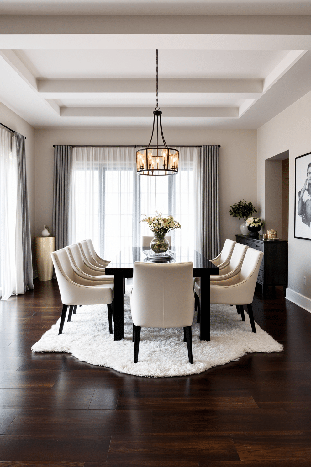 A sophisticated dining room featuring a sleek black dining table surrounded by white upholstered chairs. The walls are adorned with black-and-white artwork, and a statement chandelier hangs above, casting a warm glow over the space. The floor is a polished dark wood, contrasting beautifully with a plush white area rug underneath the table. Large windows draped with sheer white curtains allow natural light to fill the room, enhancing the elegant ambiance.