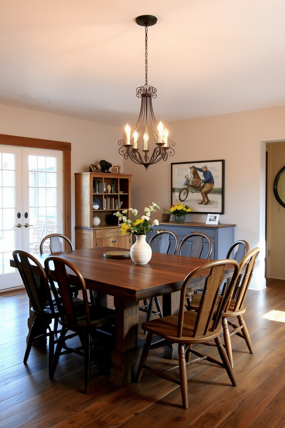 A rustic chic dining room features a reclaimed wood table that exudes warmth and character, surrounded by mismatched vintage chairs that add a charming touch. The space is illuminated by a wrought iron chandelier, casting a soft glow over the table, while a large window allows natural light to flood in, enhancing the cozy atmosphere.