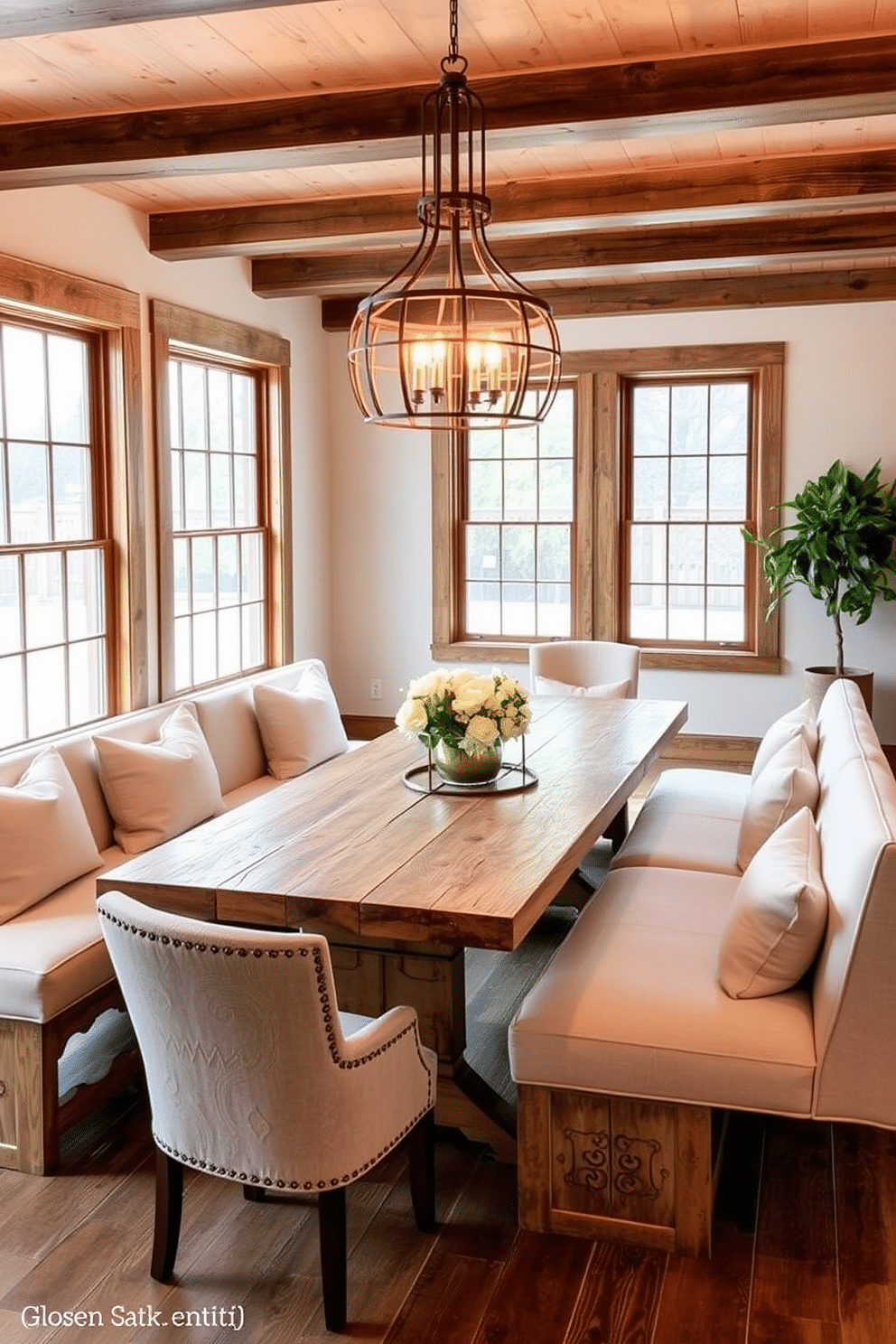 A rustic farmhouse dining room featuring a large wooden table with a weathered finish, surrounded by comfortable bench seating upholstered in soft, neutral tones. Overhead, a wrought iron chandelier adds warmth and charm, while large windows allow natural light to flood the space, highlighting the rich textures of the wood and fabric.