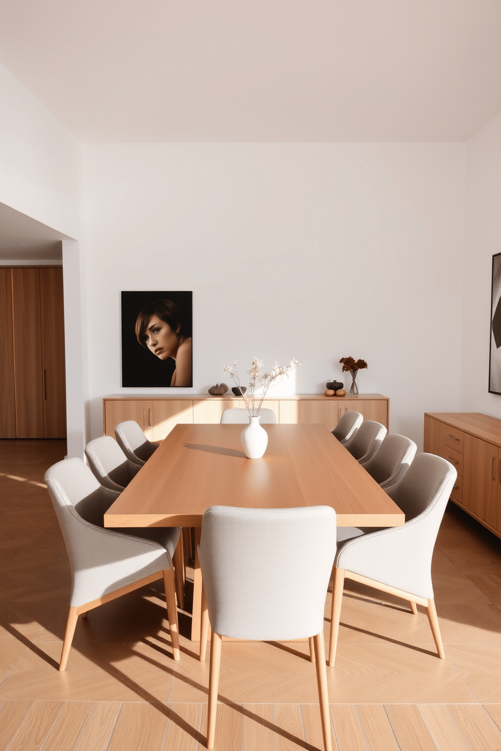 A minimalist dining room featuring sleek, modern furniture with clean lines. The table is a simple rectangular design in light wood, surrounded by upholstered chairs in a neutral fabric, creating an inviting yet uncluttered atmosphere.