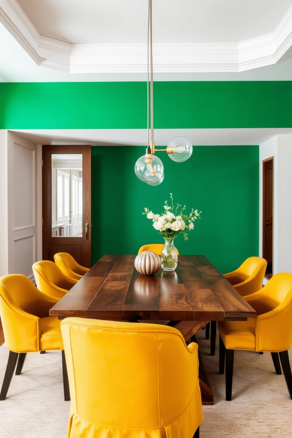 Brightly colored accent wall for drama. The dining room features a striking emerald green accent wall that contrasts beautifully with the soft, neutral tones of the surrounding walls. A large, contemporary dining table made of reclaimed wood sits at the center, surrounded by upholstered chairs in a vibrant mustard yellow. Elegant pendant lights with a modern design hang above the table, adding warmth and a touch of sophistication to the space.