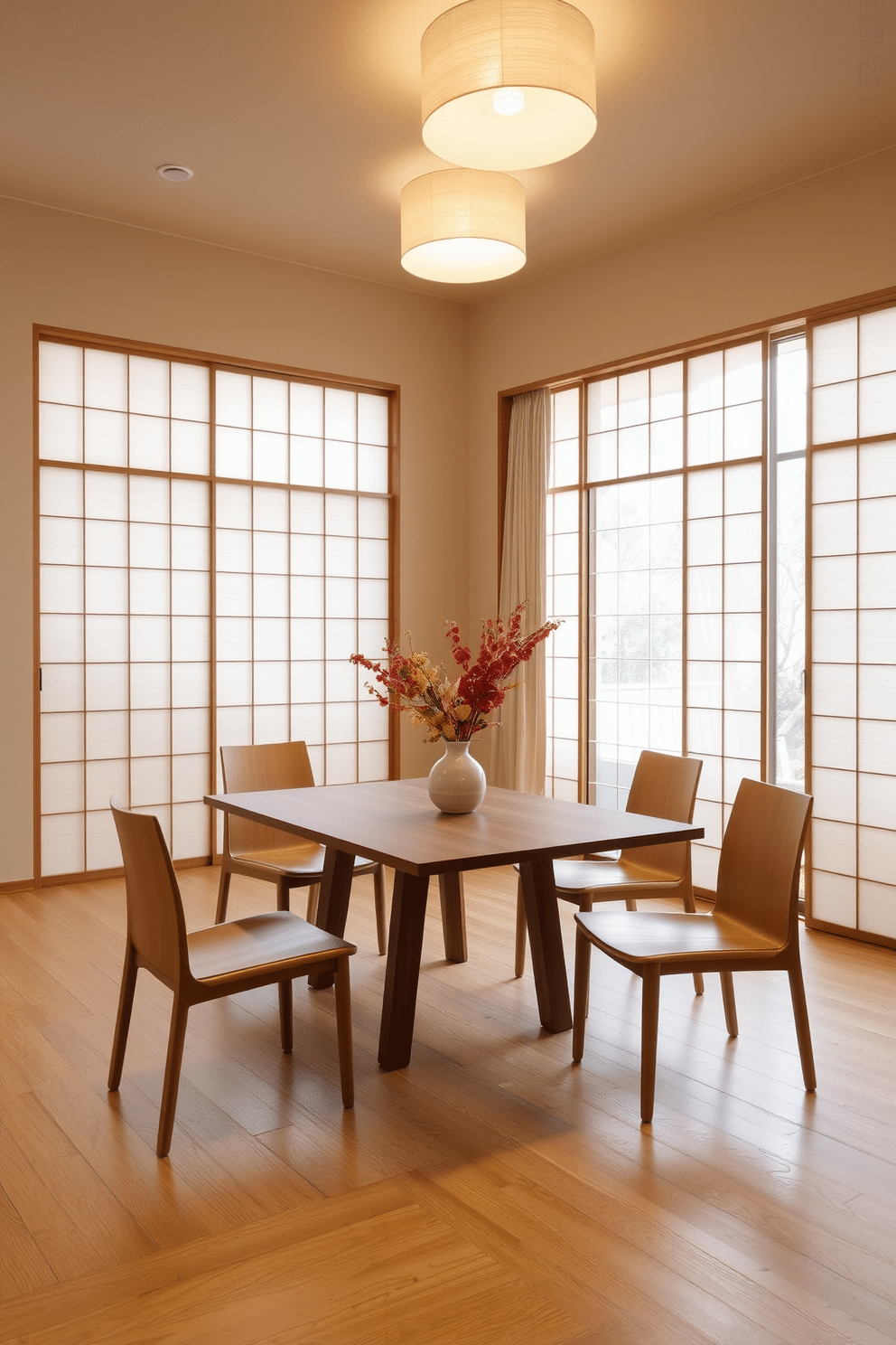 A minimalist Japanese-inspired dining space features a low wooden table surrounded by simple, elegant chairs made from natural materials. Soft, ambient lighting from overhead fixtures creates a warm atmosphere, while shoji screens gently diffuse natural light from large windows adorned with minimalistic curtains. The walls are painted in a calming beige tone, complementing the light wood flooring that enhances the serene aesthetic. A centerpiece of seasonal flowers in a ceramic vase sits on the table, adding a touch of nature to the uncluttered design.