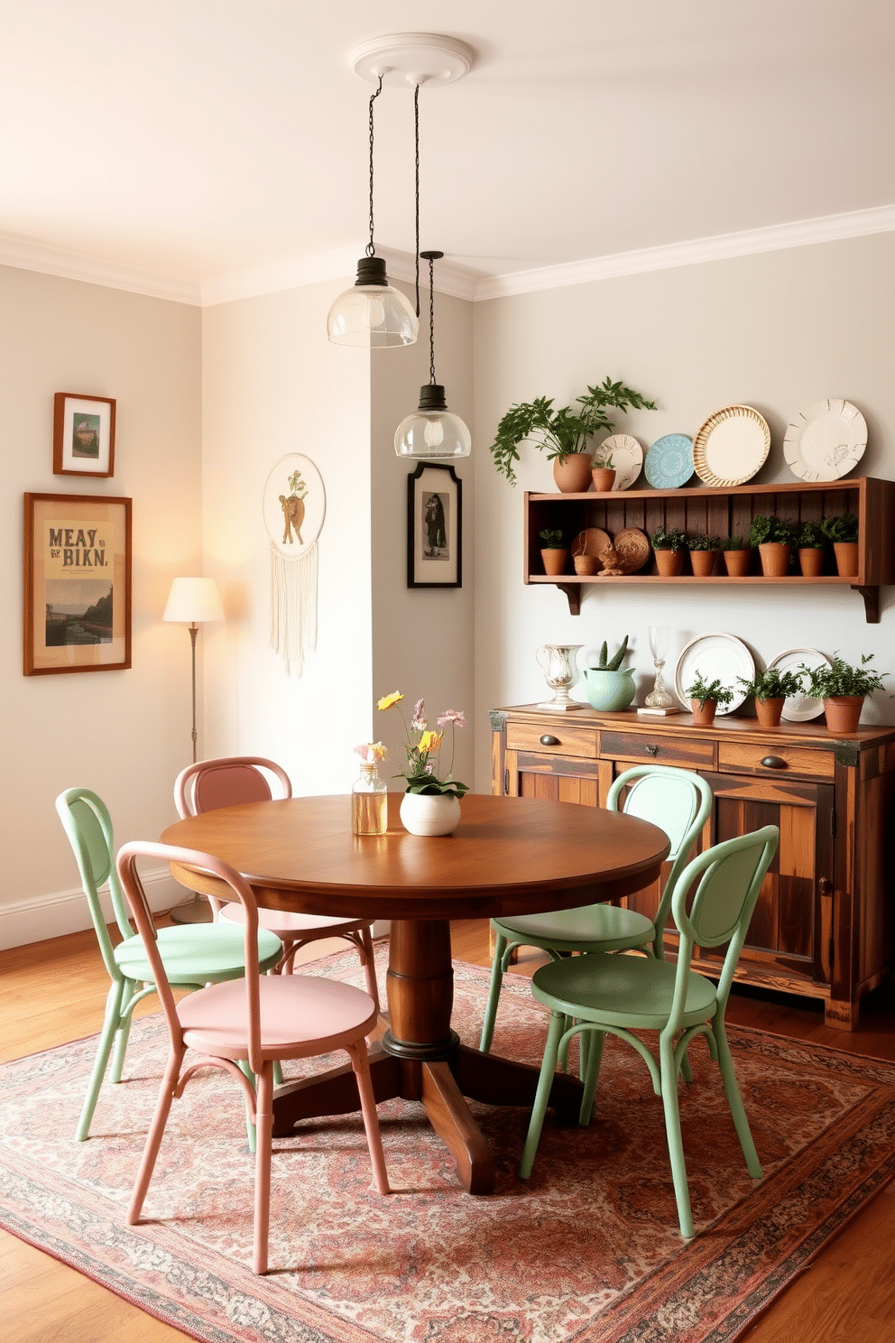 A chic bistro-style dining room features a round wooden table surrounded by vintage cafe chairs in a mix of pastel colors. The walls are adorned with charming artwork and soft pendant lights hang from the ceiling, creating a warm and inviting atmosphere. A rustic sideboard made of reclaimed wood stands against one wall, displaying an array of decorative plates and glasses. Potted herbs in terracotta pots add a touch of greenery to the space, while a patterned rug anchors the seating area.