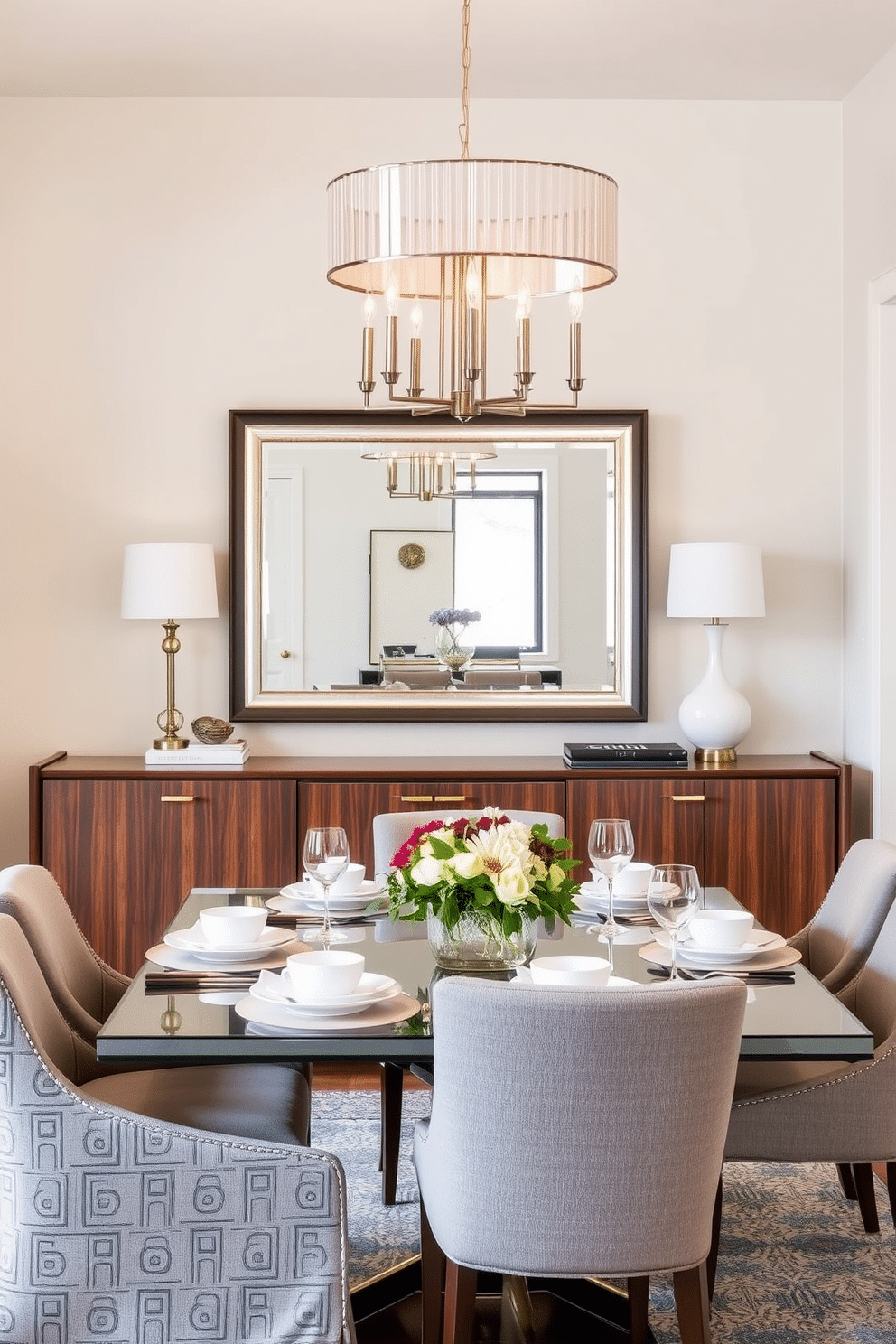 A stylish buffet with sleek lines and a rich walnut finish sits against the wall, providing ample storage and a surface for decorative items. The buffet is adorned with brass hardware, and above it, a large, framed mirror reflects the warm light from a contemporary chandelier hanging above the dining table. The dining table is set with elegant dinnerware and a centerpiece of fresh flowers, creating an inviting atmosphere. Surrounding the table are upholstered chairs in a soft gray fabric, complementing the overall color palette of the room.