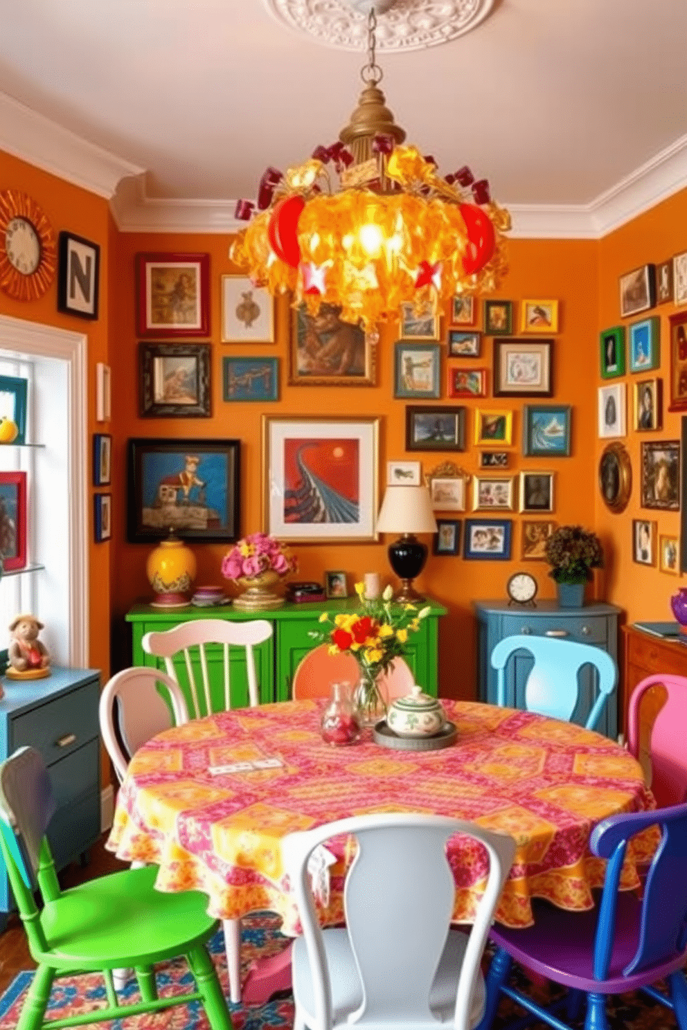 A whimsical dining room filled with playful accents. The table is a vibrant round piece with a colorful tablecloth, surrounded by mismatched chairs in various bright hues. On the walls, whimsical art pieces and a gallery of quirky frames create a lively atmosphere. A statement chandelier made of multicolored glass hangs above, casting a warm glow over the space.