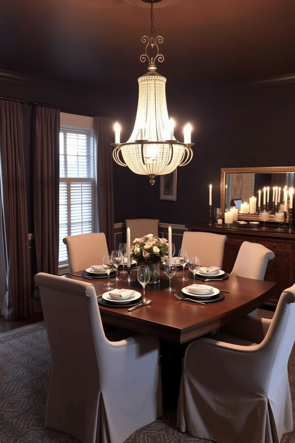 A cozy dining room bathed in candlelight, featuring a large wooden table set for an intimate dinner. Surrounding the table are upholstered chairs in soft, neutral tones, and a statement chandelier casts a warm glow overhead. The walls are adorned with rich, dark colors, creating a dramatic backdrop that enhances the romantic atmosphere. A sideboard displays elegant dinnerware and a collection of candles, adding to the inviting ambiance.