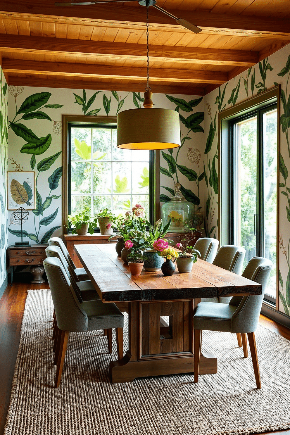 A nature-inspired dining room featuring botanical prints on the walls, creating a vibrant and refreshing atmosphere. The table is made of reclaimed wood, surrounded by upholstered chairs in earthy tones, and a large pendant light hangs above, casting a warm glow. Large windows allow natural light to flood the space, showcasing a view of the lush greenery outside. A centerpiece of fresh flowers and potted plants enhances the connection to nature, while a woven rug adds texture and warmth to the floor.