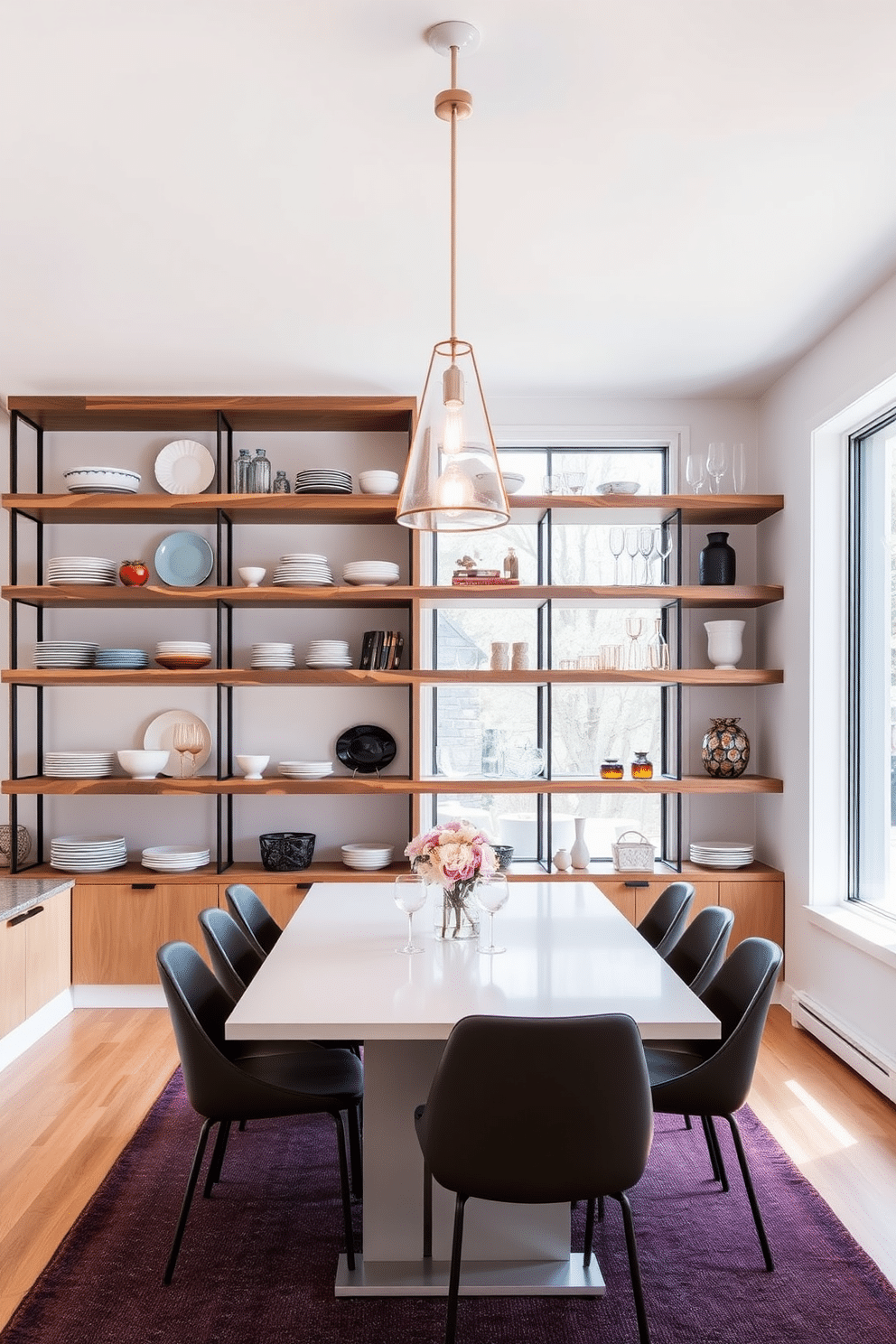 A modern dining room featuring open shelving that elegantly showcases an array of tableware, including colorful plates and unique glassware. The shelves are made of reclaimed wood, providing a warm contrast to the sleek, minimalist dining table set in the center of the room. The walls are painted in a soft white, enhancing the natural light that floods the space through large windows. A stylish pendant light hangs above the table, casting a warm glow that invites intimate gatherings and family dinners.