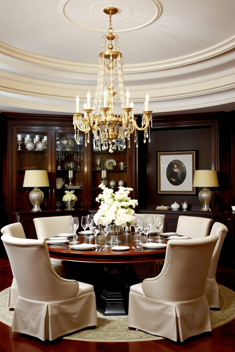 A stunning dining room with an elegant chandelier hanging gracefully above a round wooden table. The table is set with fine china and crystal glassware, surrounded by upholstered chairs in a soft, neutral fabric.