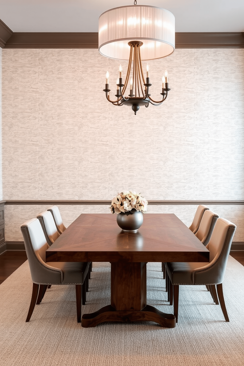 A dining room featuring textured wallpaper that adds depth and character to the space. The wallpaper showcases a subtle floral pattern in soft hues, creating an inviting atmosphere. A large wooden dining table sits at the center, surrounded by upholstered chairs in a complementary color. A statement chandelier hangs above, casting a warm glow over the gathering space.