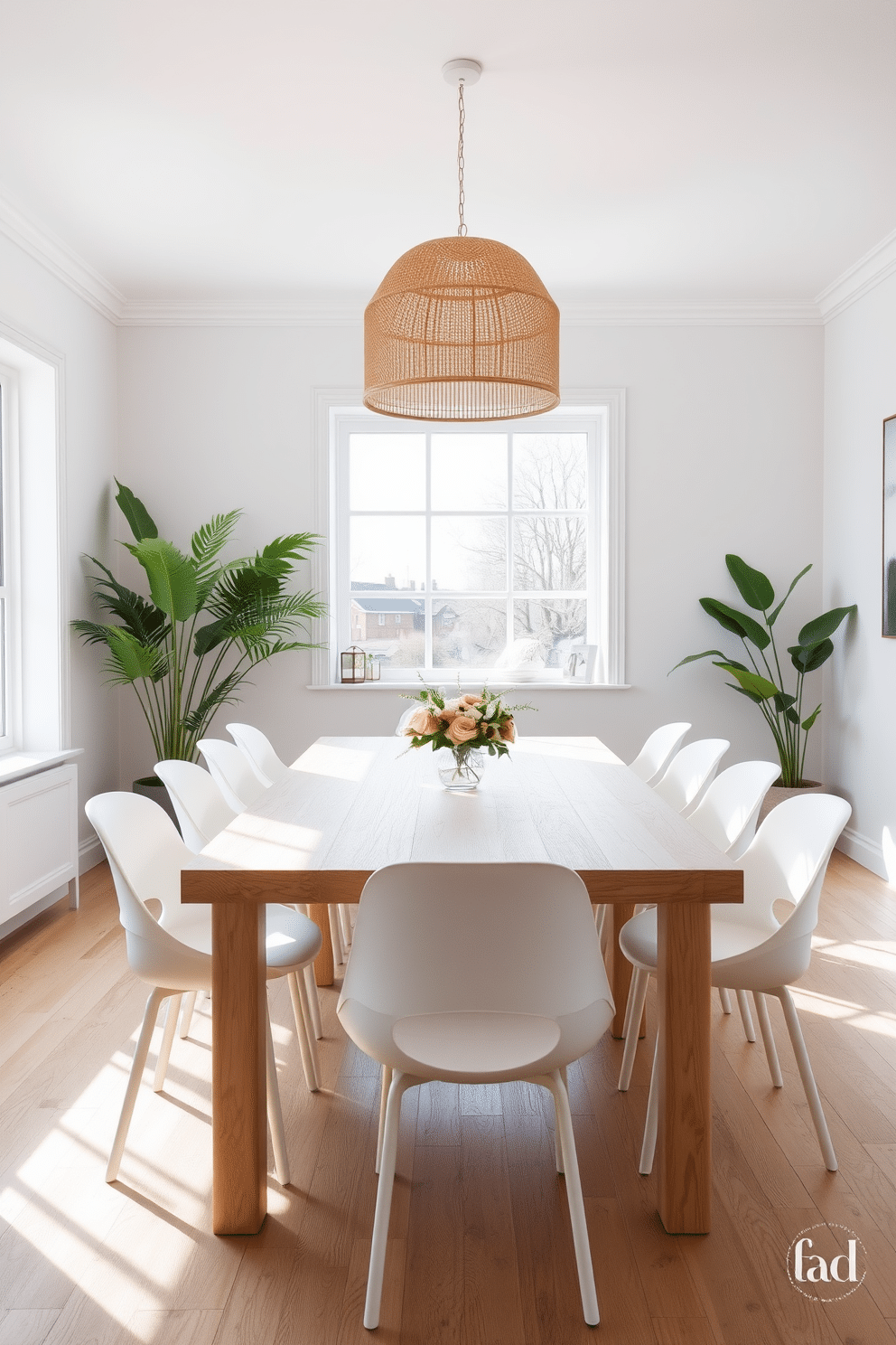 A bright and airy Scandinavian dining space features a large, light wood dining table surrounded by minimalist white chairs. Natural light floods the room through expansive windows, highlighting the soft, neutral color palette of the walls and decor. A statement pendant light hangs above the table, adding a touch of warmth with its woven texture. Potted greenery in the corners and a simple centerpiece of fresh flowers enhance the inviting atmosphere of the room.