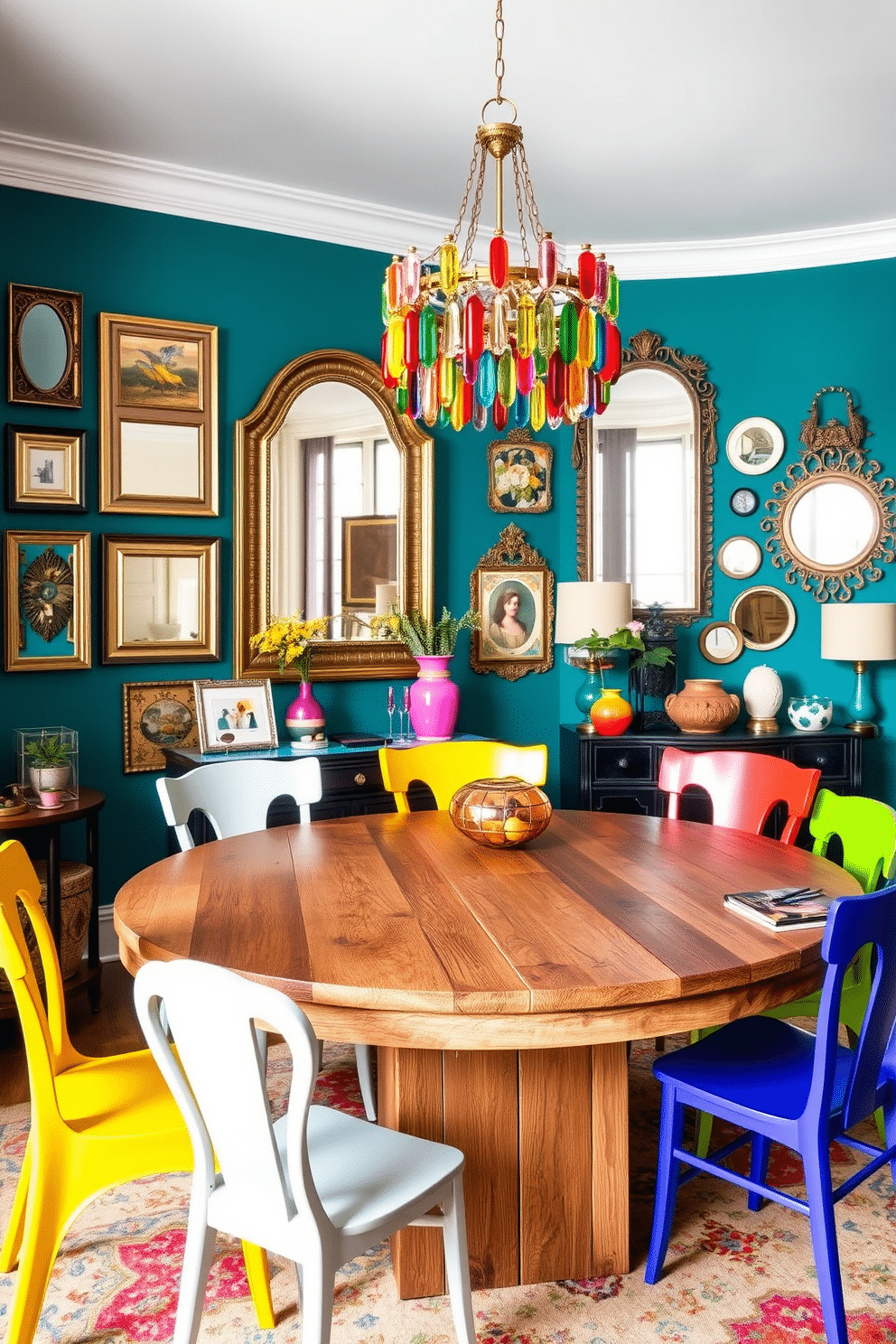 A vibrant dining room filled with bold colors and eclectic decor pieces. The walls are painted in a rich teal, adorned with a mix of framed artwork and mirrors in various styles and sizes. A large, round dining table made of reclaimed wood takes center stage, surrounded by mismatched chairs in bright hues. A statement chandelier with colorful glass accents hangs above the table, casting a warm glow over the space.