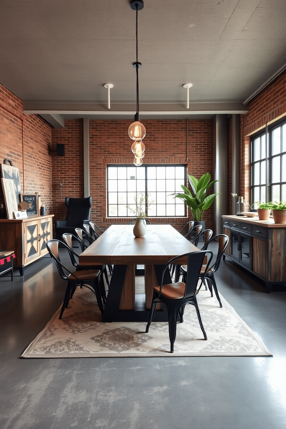 A stylish industrial dining room featuring a large reclaimed wood table surrounded by black metal chairs with leather accents. Exposed brick walls and large windows allow natural light to flood the space, while pendant lights with Edison bulbs hang above the table, adding a warm glow. The floor is polished concrete, enhancing the industrial vibe, complemented by a large area rug with geometric patterns. A sideboard made of distressed wood and metal provides storage, adorned with decorative items and a few potted plants for a touch of greenery.