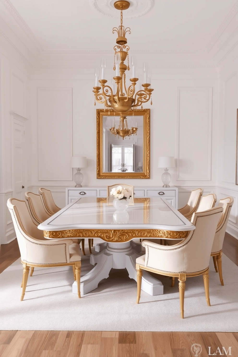 A classic dining room featuring a white rectangular table with intricate gold detailing along the edges. Surrounding the table are elegant upholstered chairs in a soft cream fabric, each adorned with subtle gold trim. The walls are painted in a crisp white, complemented by an ornate gold chandelier hanging gracefully from the ceiling. A large, framed mirror with a gold border reflects the light, enhancing the room's spaciousness and sophistication.