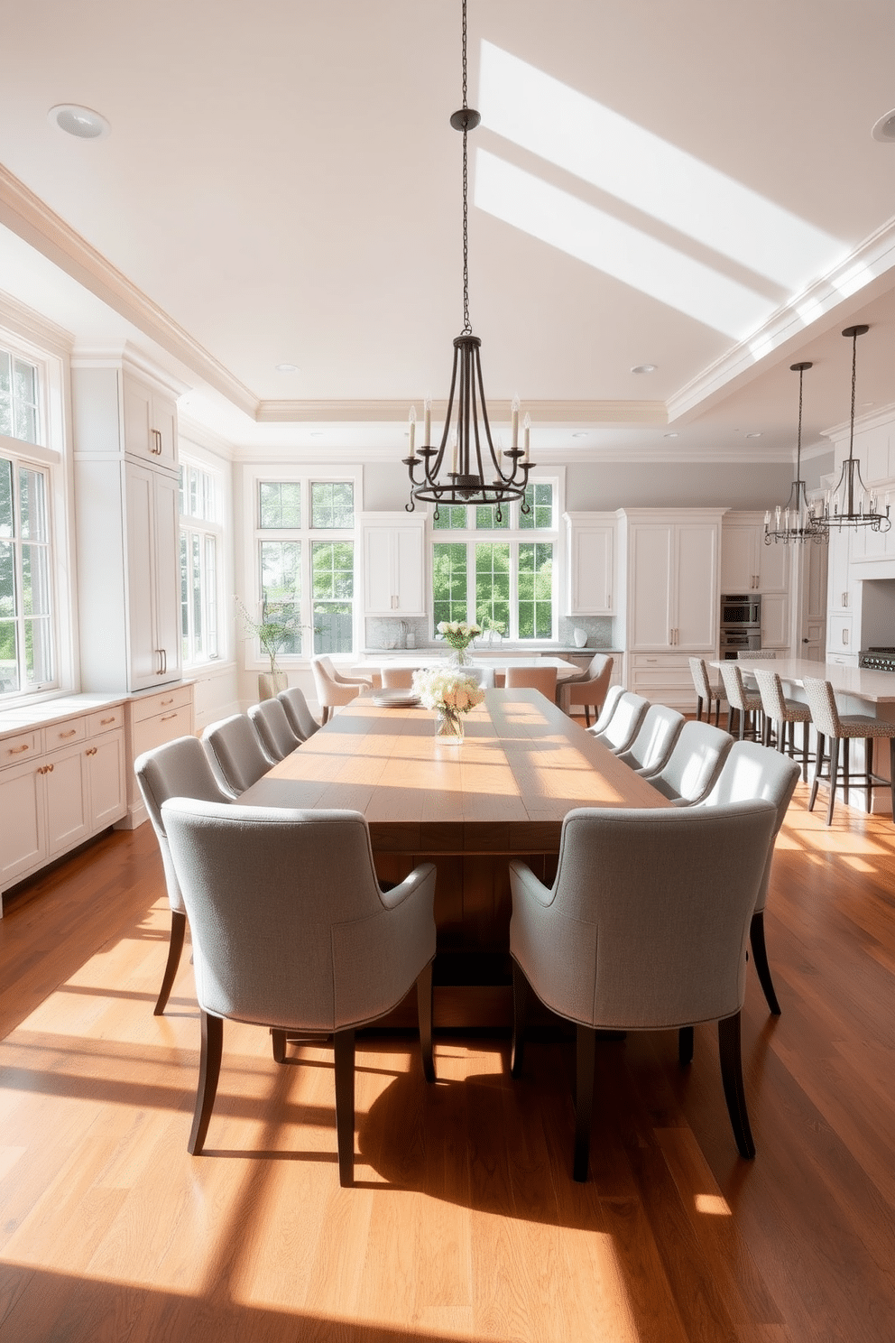 A spacious open concept dining and kitchen area featuring a large wooden table surrounded by upholstered chairs in a soft gray fabric. The kitchen boasts sleek white cabinetry with gold hardware, and a large island with bar stools, creating an inviting space for entertaining. Natural light floods the room through expansive windows, highlighting the warm tones of the hardwood flooring. A statement chandelier hangs above the dining table, adding a touch of elegance to the cozy atmosphere.