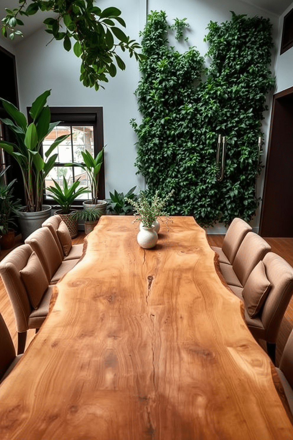 A nature-inspired dining room features a large wooden table with a live edge, surrounded by chairs upholstered in earthy tones. Lush greenery is incorporated through potted plants in the corners and a vertical garden wall, creating a serene and inviting atmosphere.