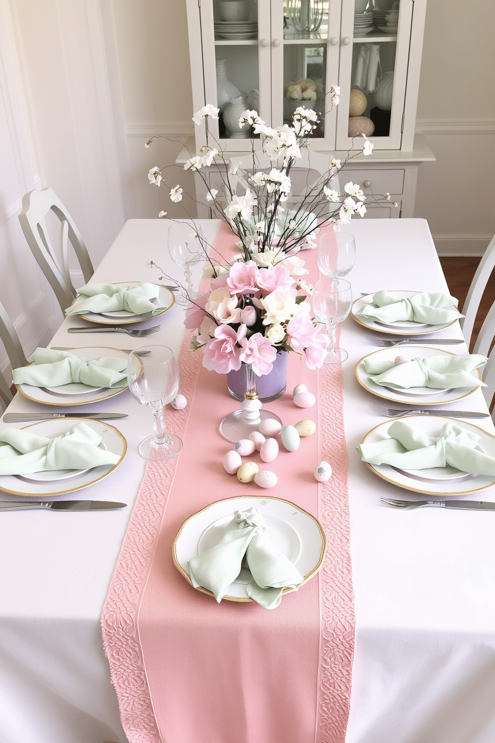 A beautifully set dining table adorned with pastel table runners and matching napkins, creating a soft and inviting atmosphere for Easter celebrations. The table features elegant dinnerware, delicate floral arrangements in pastel hues, and charming decorative eggs scattered throughout for a festive touch.