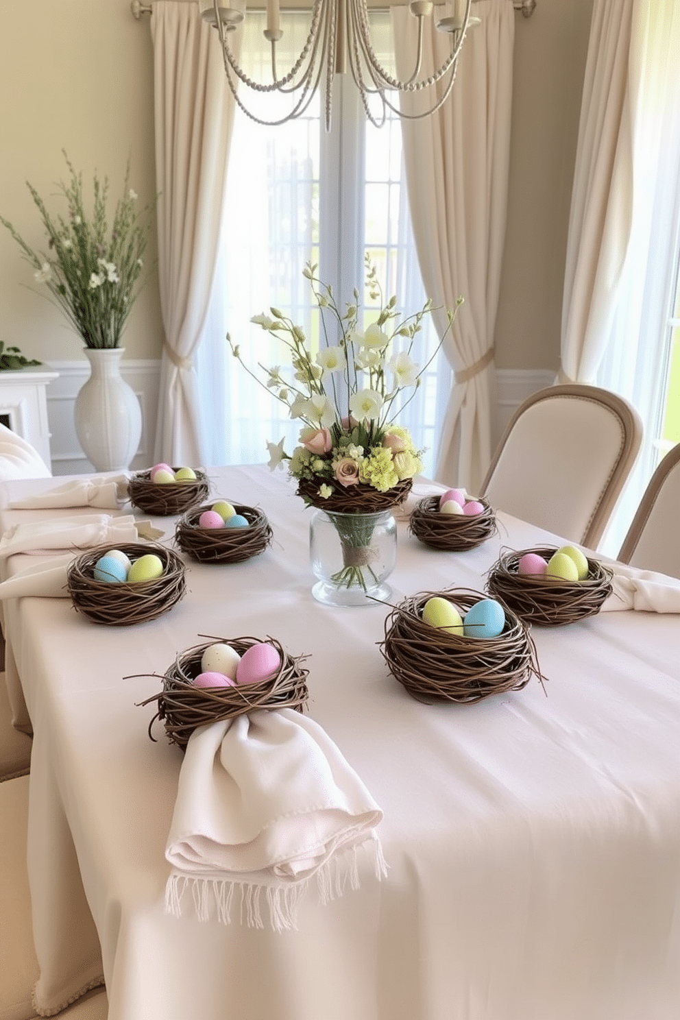 A beautifully set dining table adorned with elegant bird's nest napkin rings, each delicately crafted to resemble a real nest, cradling pastel-colored eggs. The table is dressed in a soft linen tablecloth, with fresh spring flowers in a centerpiece vase, creating a warm and inviting atmosphere for Easter celebrations. The dining room features light, airy curtains that gently filter sunlight, enhancing the cheerful ambiance. Surrounding the table are plush chairs with soft cushions, inviting guests to gather and enjoy a festive meal together.