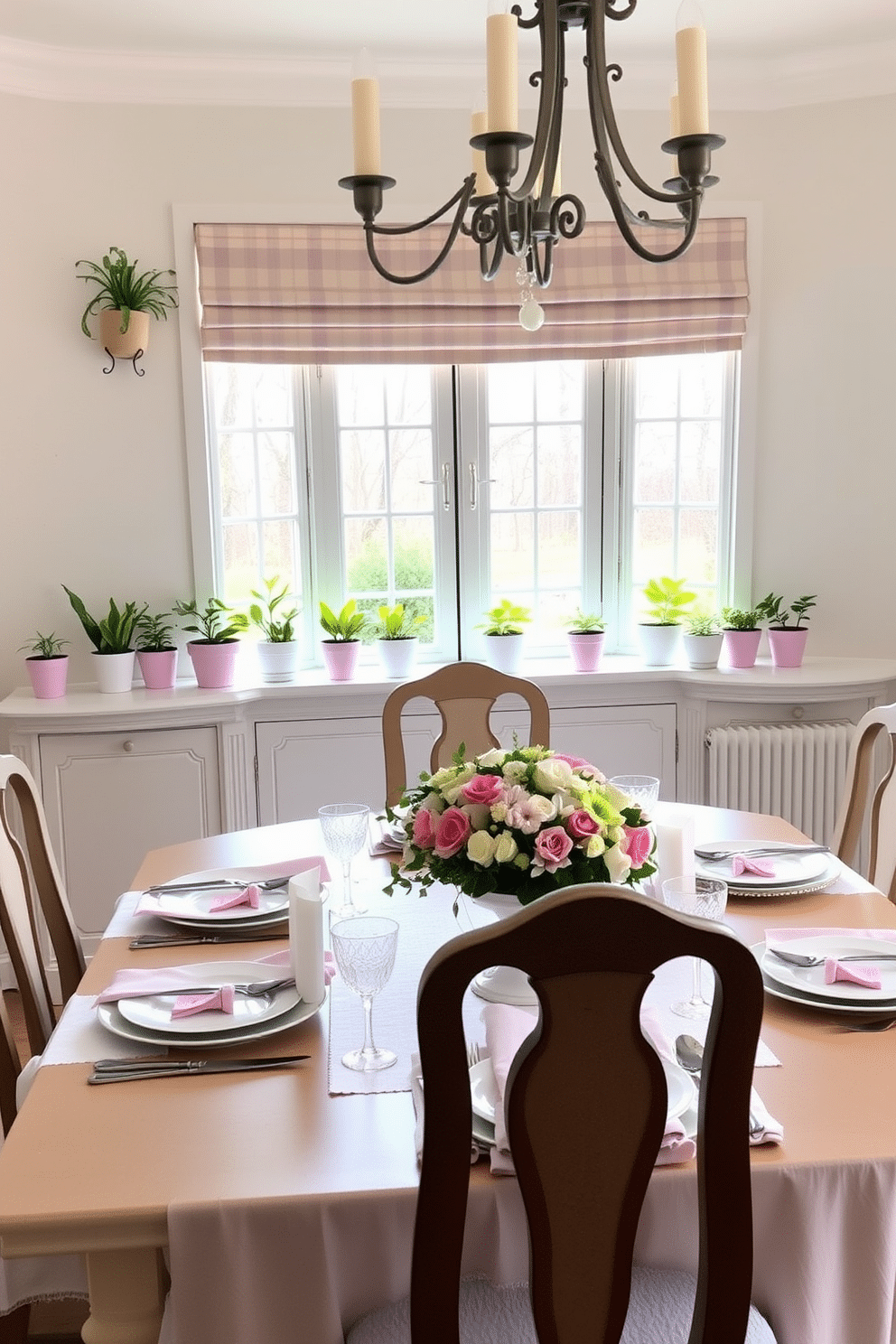 A charming dining room adorned with miniature potted plants placed on the table and windowsills, adding a touch of greenery. The table is elegantly set with pastel-colored tableware, and a delicate floral centerpiece enhances the festive Easter atmosphere.