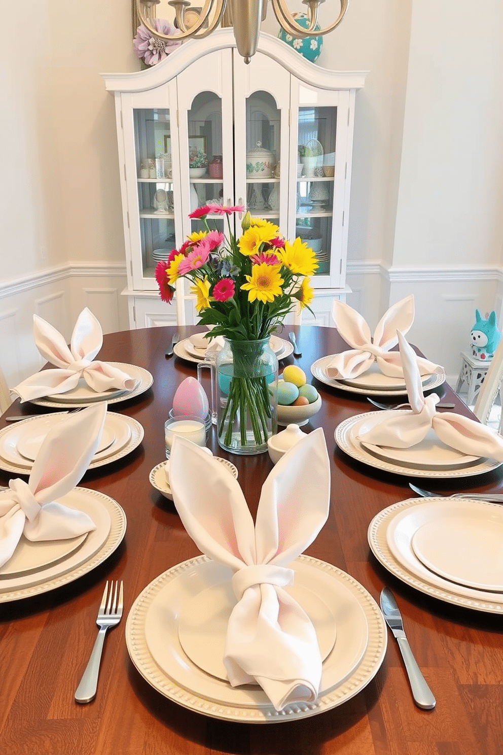 A whimsical dining room setting for Easter, featuring bunny ear napkins elegantly folded on each plate. The table is adorned with pastel-colored dishes, fresh flowers in a cheerful vase, and playful decorative elements that celebrate the holiday spirit.