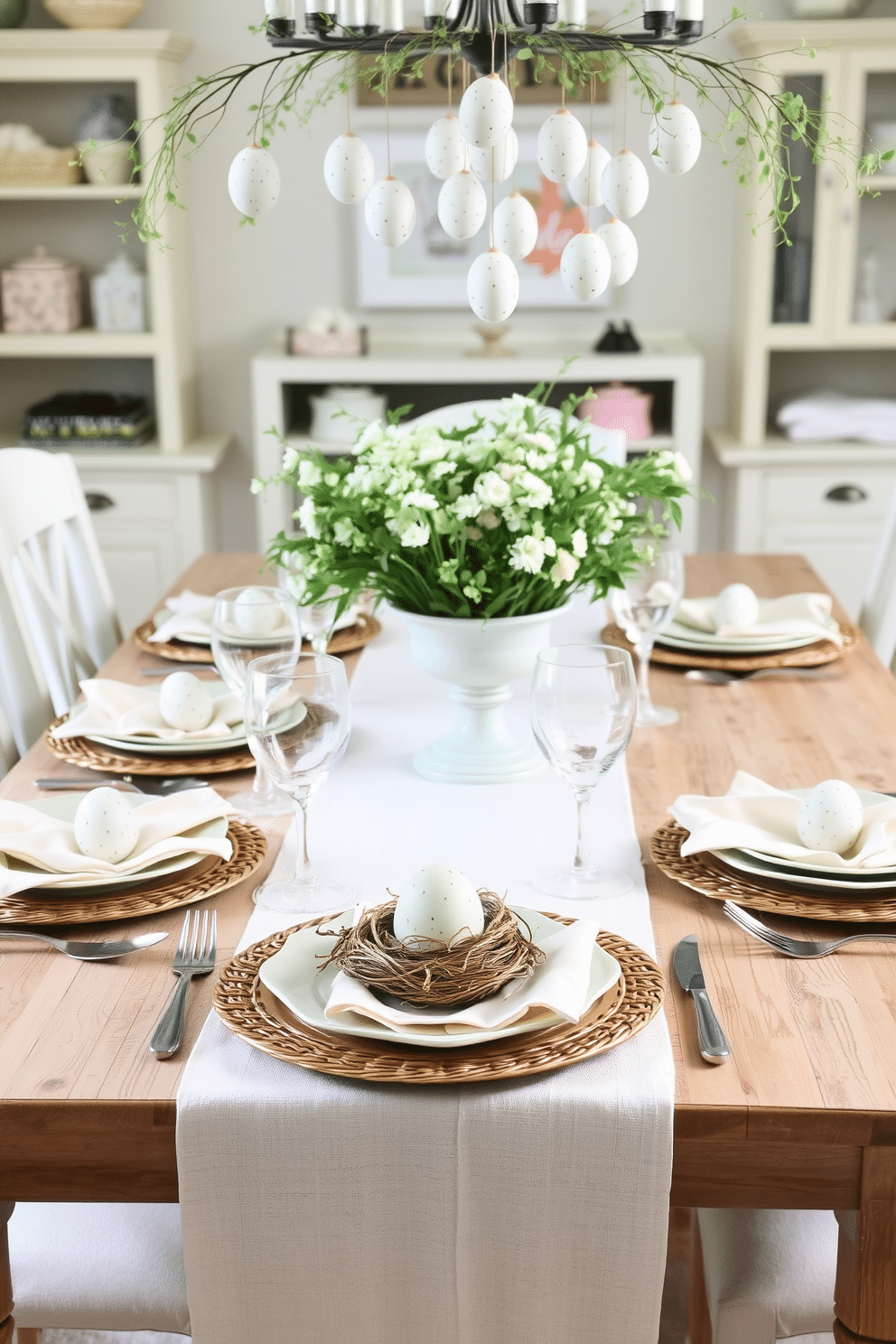 A charming dining room setting for Easter features elegant speckled egg place settings on a rustic wooden table. Each place setting includes a small, decorative nest holding a speckled egg, complemented by soft pastel-colored napkins and delicate floral arrangements. The table is adorned with a light, airy tablecloth that enhances the spring ambiance, while vintage-style dinnerware adds a touch of sophistication. Above the table, a whimsical centerpiece of hanging speckled eggs and fresh greenery creates a festive atmosphere for the holiday gathering.