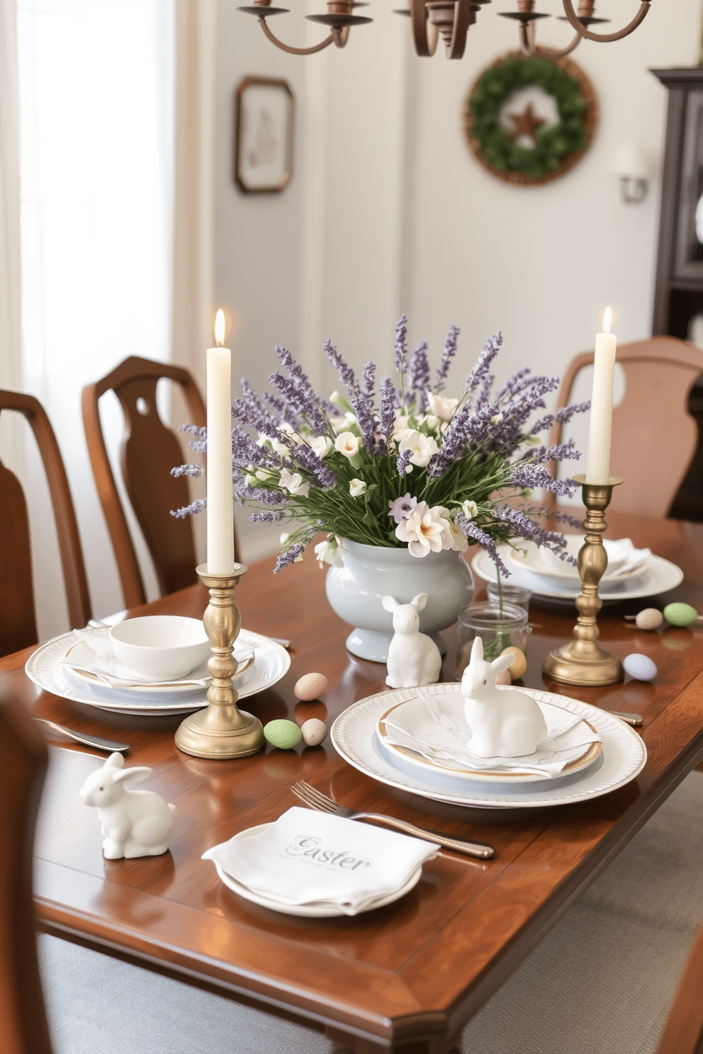 A cozy dining room setting adorned with lavender-scented candles placed on an elegant wooden table. The table is beautifully set with pastel-colored dishes and a floral centerpiece that captures the essence of spring. Easter decorations include delicate bunny figurines and colorful eggs scattered around the table. Soft, natural light filters through sheer curtains, enhancing the inviting atmosphere of the space.