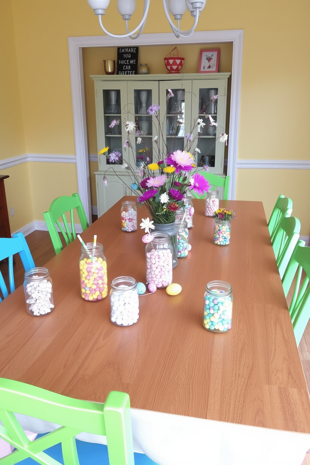 A cheerful dining room setting for Easter, featuring a long wooden table adorned with a pastel-colored tablecloth. On the table, glass jars filled with an assortment of colorful candies are placed, surrounded by small floral arrangements and decorative eggs. The walls are painted in a soft yellow hue, complementing the vibrant decorations. Brightly colored chairs surround the table, and a whimsical centerpiece made of fresh flowers and Easter-themed accents adds a festive touch.