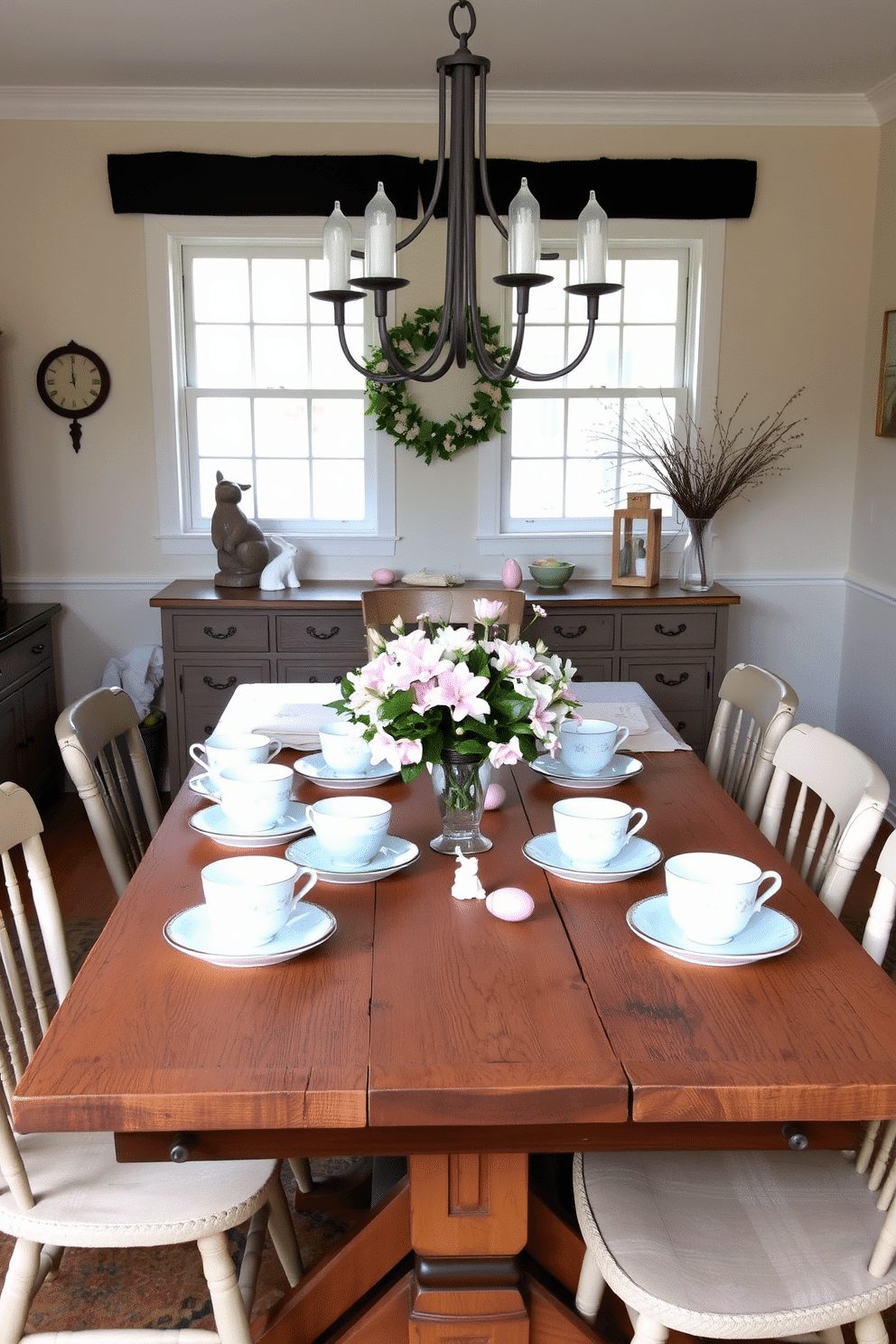 A charming dining room adorned for Easter, featuring a rustic wooden table set with vintage teacups and saucers in pastel colors. Surrounding the table are mismatched chairs, and a delicate floral centerpiece made of spring blossoms adds a touch of whimsy to the setting. The walls are painted in a soft cream hue, enhancing the light and airy atmosphere. Subtle Easter decorations, such as small bunnies and colorful eggs, are artfully placed around the room, creating a festive yet elegant ambiance.