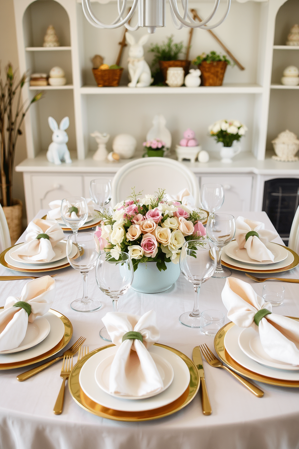 A charming dining room set for Easter, featuring a beautifully arranged table adorned with pastel-colored dishware. The table is decorated with a floral centerpiece, surrounded by matching plates and glasses, creating a festive yet elegant atmosphere. Soft, light fabric napkins are elegantly folded at each place setting, complemented by delicate gold flatware. The backdrop includes cheerful spring-themed decorations, such as bunny figurines and colorful eggs, enhancing the joyful ambiance of the celebration.