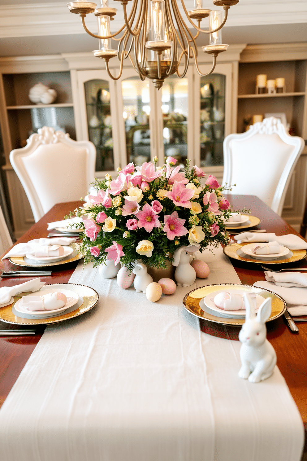 A beautifully set dining table adorned with a floral wreath centerpiece, featuring vibrant spring blooms in pastel shades. Surrounding the table, elegant dining chairs complement the decor, and soft, ambient lighting creates a warm and inviting atmosphere. Easter-themed decorations enhance the dining room, with delicate pastel-colored eggs artfully placed around the floral arrangement. A tasteful table runner in a light linen fabric adds texture, while seasonal accents like bunny figurines bring a playful touch to the setting.