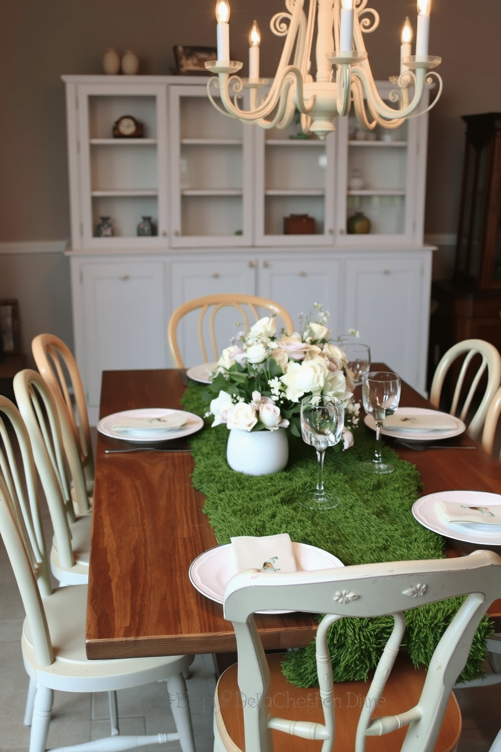 A beautifully set dining table adorned with a moss table runner that adds a touch of nature to the decor. Delicate pastel-colored plates and elegant glassware are arranged neatly, complemented by fresh flowers in soft hues as a centerpiece. Surrounding the table, mismatched vintage chairs create a charming, eclectic feel. Soft, ambient lighting from a chandelier above enhances the warm, inviting atmosphere perfect for an Easter gathering.