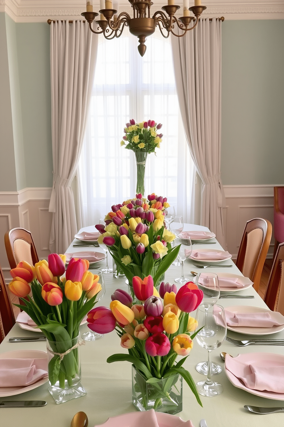 A vibrant dining room adorned with floral centerpieces featuring fresh tulips in an array of colors. The table is elegantly set with pastel-colored tableware, and soft natural light filters through sheer curtains, creating a warm and inviting atmosphere for Easter celebrations.